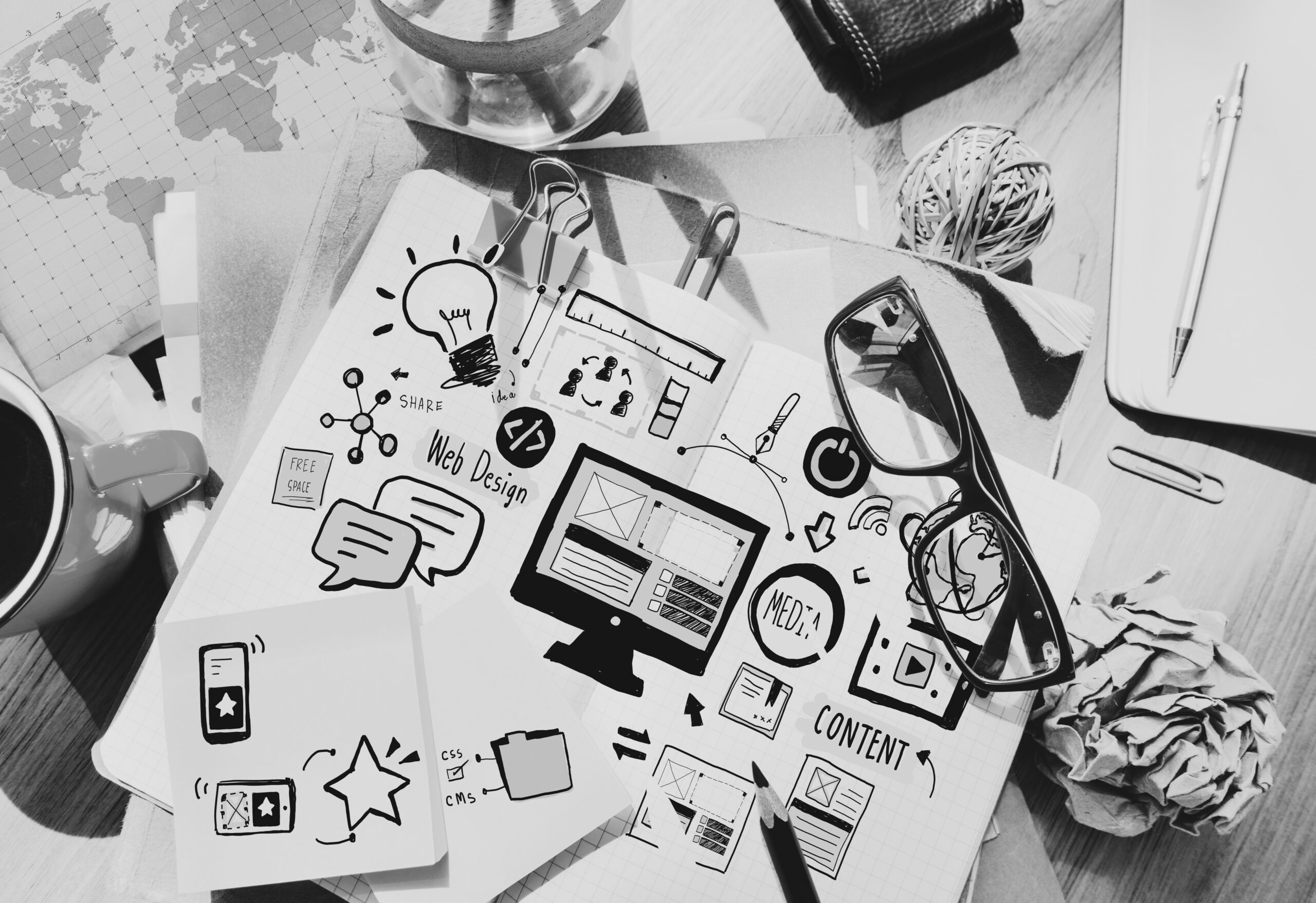 Home aerial view of website content layout design illustraion on note edited